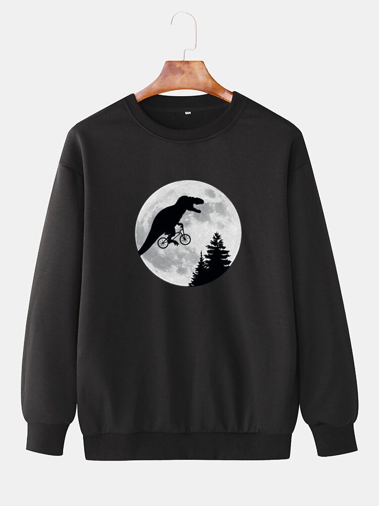 Mens Moon Dinosaur Graphics Crew Neck Cotton Casual Drop Shoulder Sweatshirts