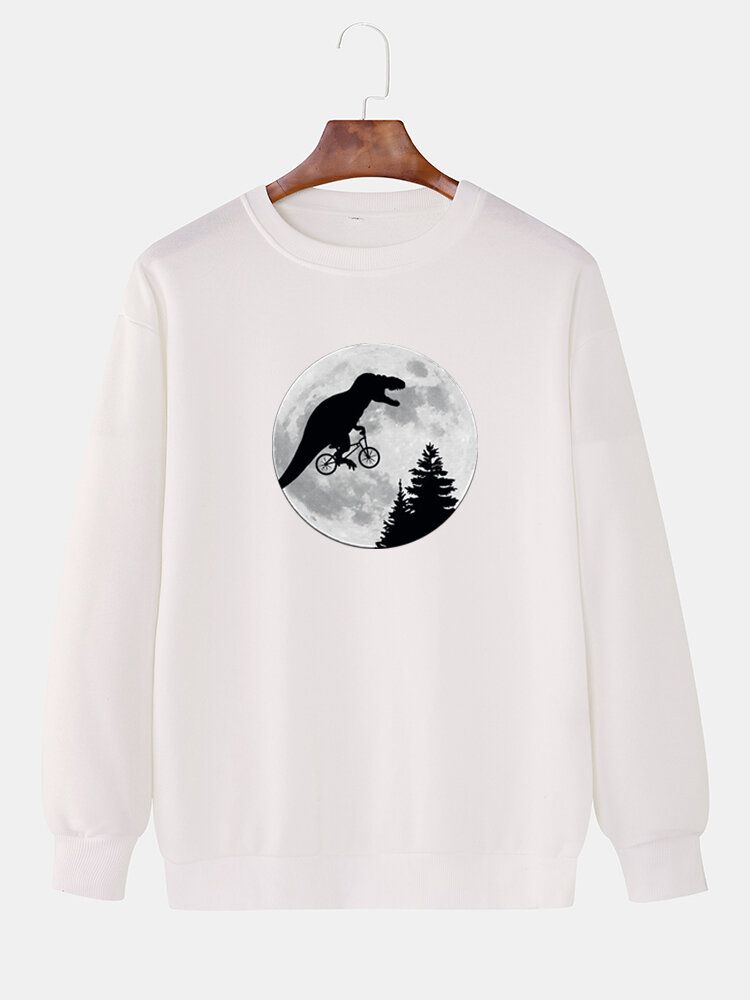 Mens Moon Dinosaur Graphics Crew Neck Cotton Casual Drop Shoulder Sweatshirts