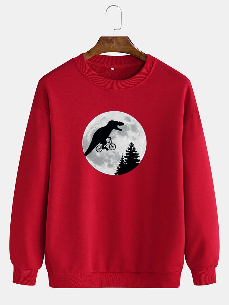 Mens Moon Dinosaur Graphics Crew Neck Cotton Casual Drop Shoulder Sweatshirts