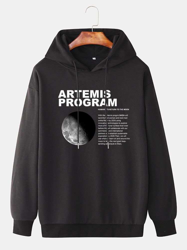 Mens Moon Graphic Letter Print Simple Long Sleeve Casual Hoodies