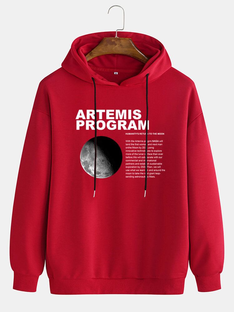 Mens Moon Graphic Letter Print Simple Long Sleeve Casual Hoodies