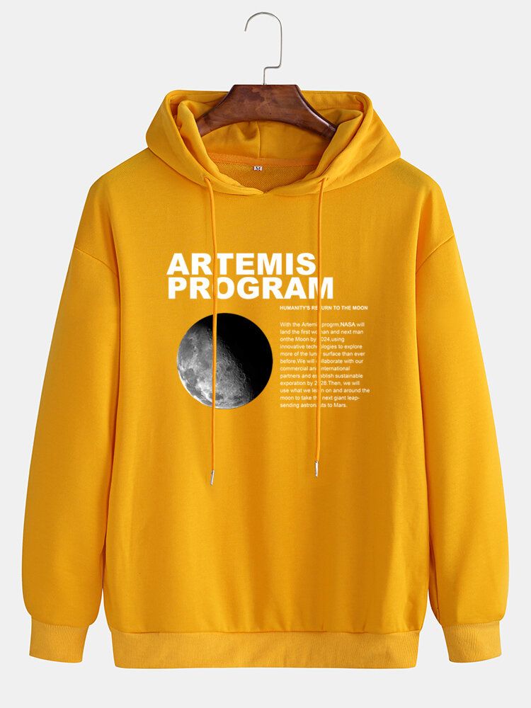 Mens Moon Graphic Letter Print Simple Long Sleeve Casual Hoodies