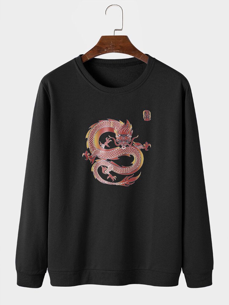 Mens Oriental Dragon Graphic Print Round Neck Pullover Cotton Sweatshirts