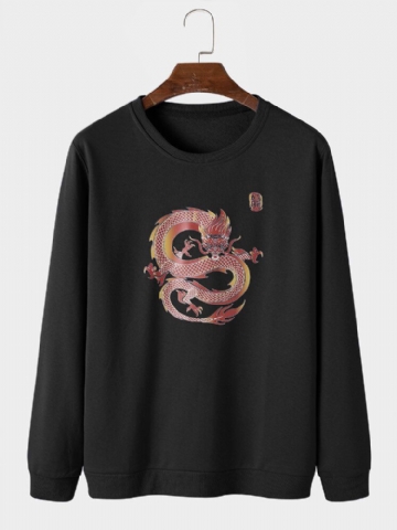 Mens Oriental Dragon Graphic Print Round Neck Pullover Cotton Sweatshirts