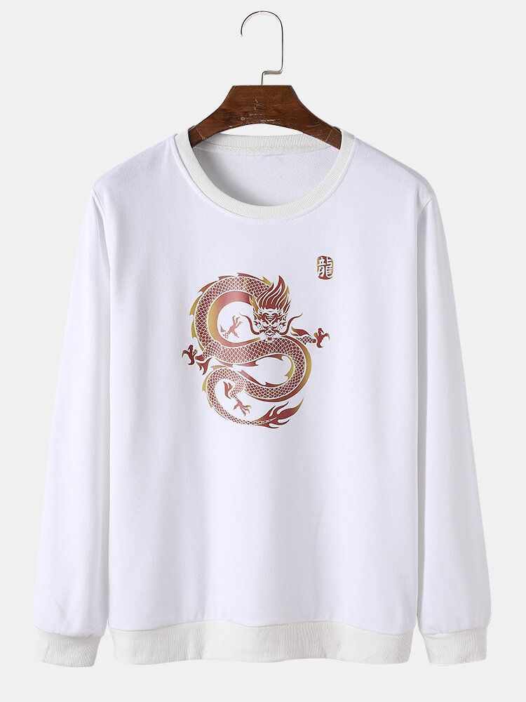 Mens Oriental Dragon Graphic Print Round Neck Pullover Cotton Sweatshirts