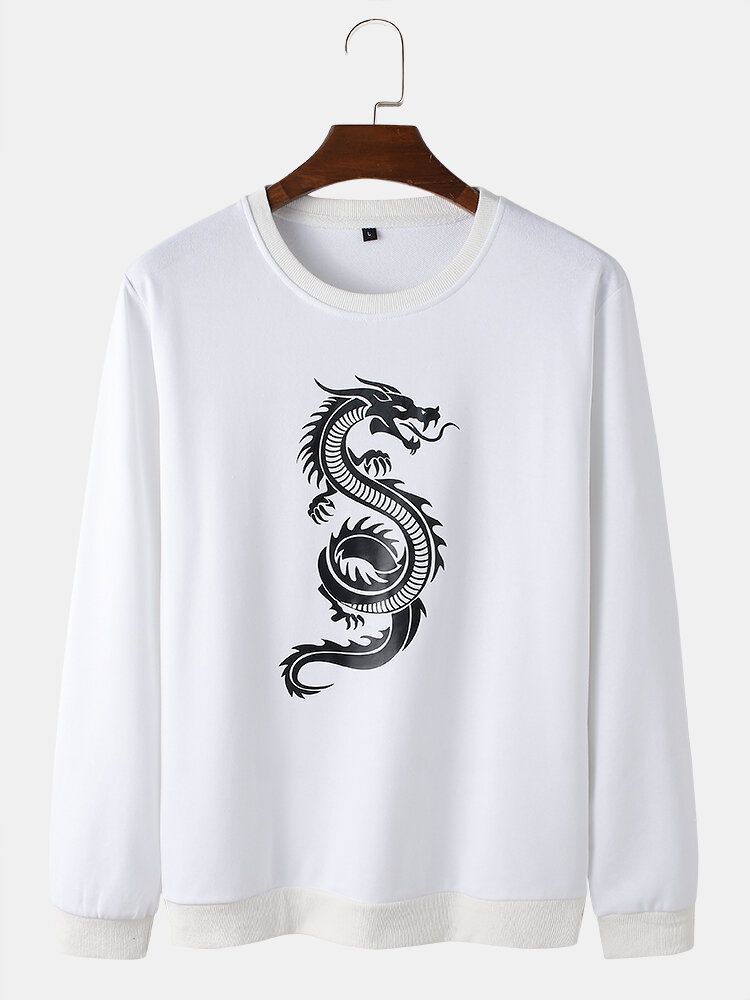 Mens Oriental Dragon Print Round Neck Pullover Cotton Street Sweatshirts