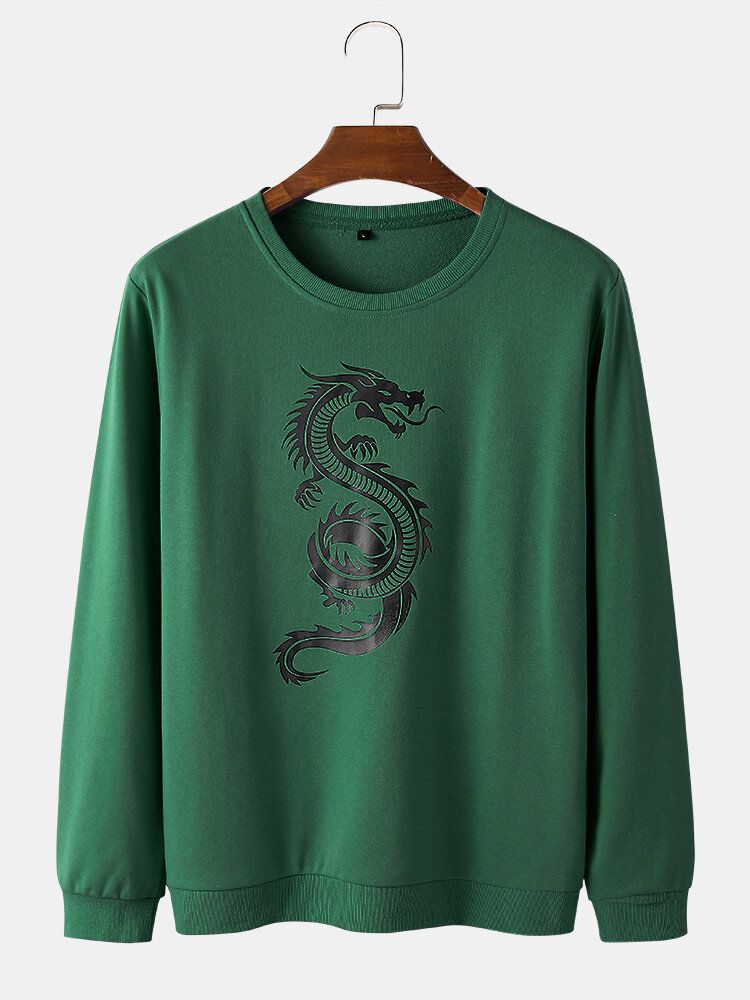 Mens Oriental Dragon Print Round Neck Pullover Cotton Street Sweatshirts