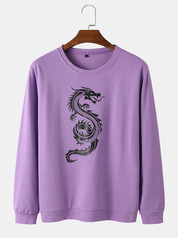 Mens Oriental Dragon Print Round Neck Pullover Cotton Street Sweatshirts