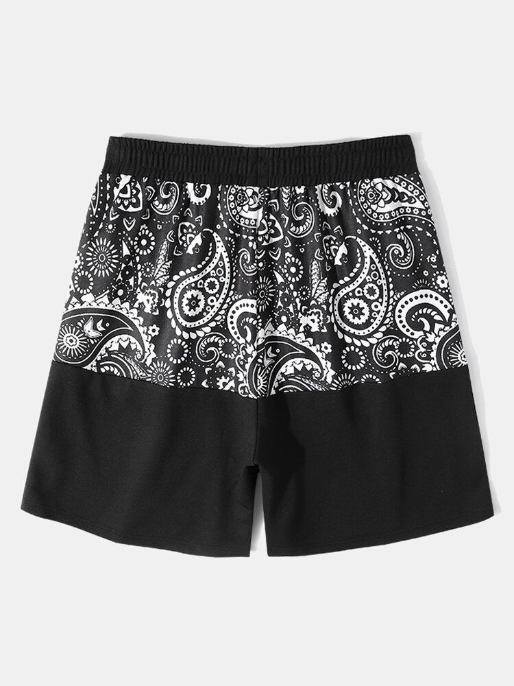 Mens Paisley Back Print Side Stripe Patchwork Loose Drawstring Shorts