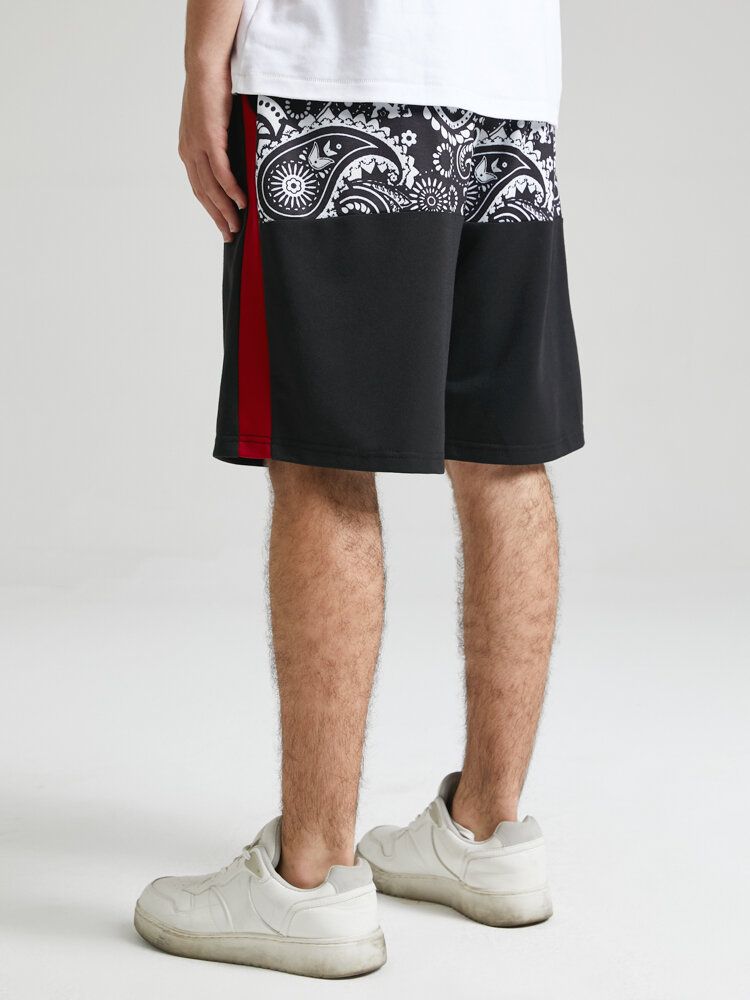 Mens Paisley Back Print Side Stripe Patchwork Loose Drawstring Shorts