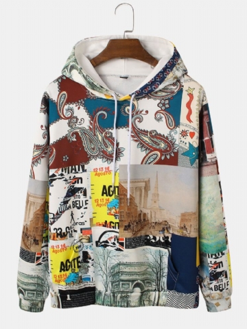 Mens Paisley Imprimer Paysage Peinture Motif Cordon Hoodies