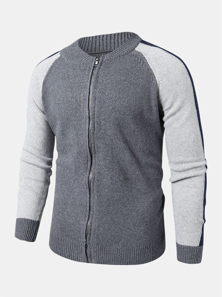 Mens Patchwork Back Letter Pattern Zip Front Knitted Casual Cardigans