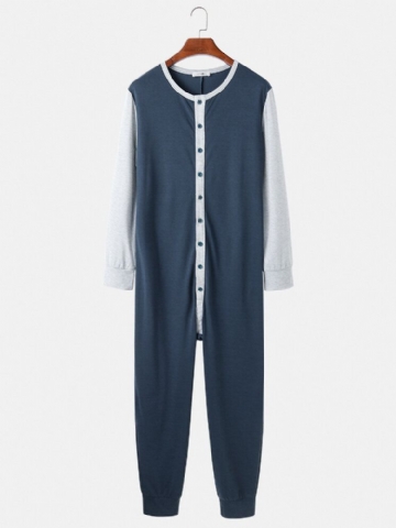 Mens Patchwork Colorblock Col Rond Boutonné Manches Longues Comfy Home Jumpsuit Pyjamas