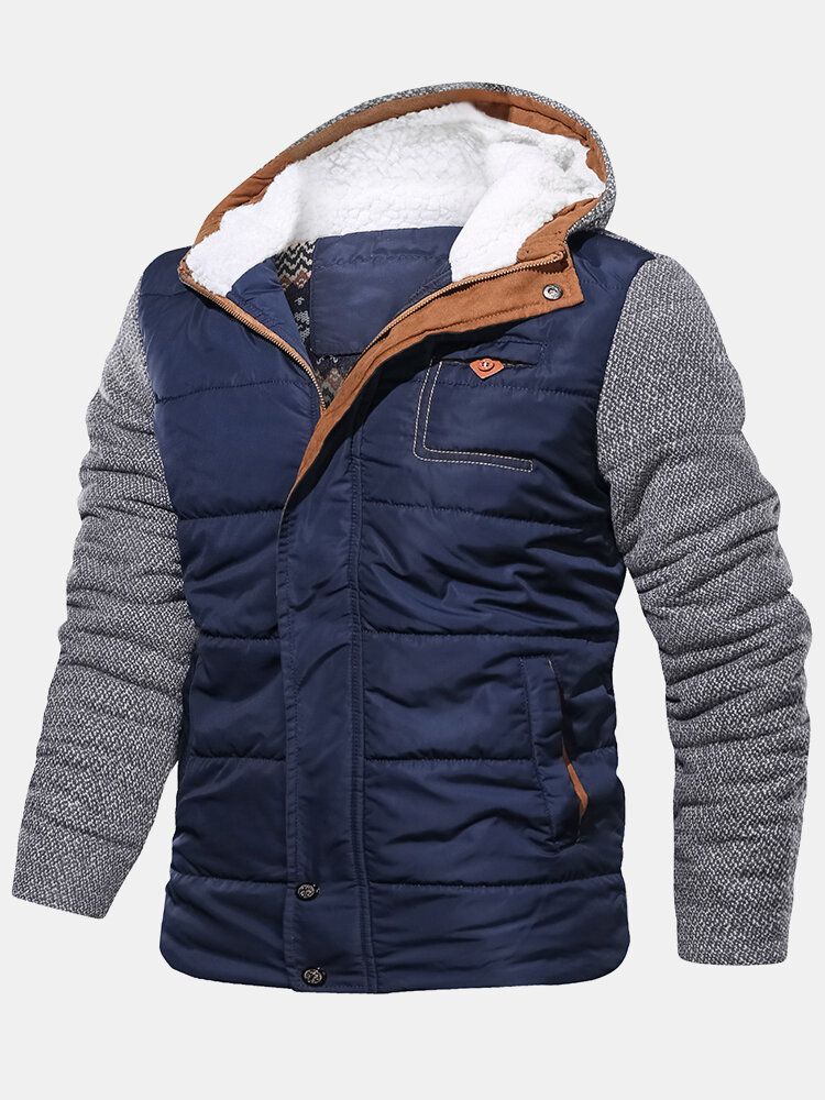 Mens Patchwork Épaissir Zipper Manches Longues À Capuche Manteaux Avec Poche