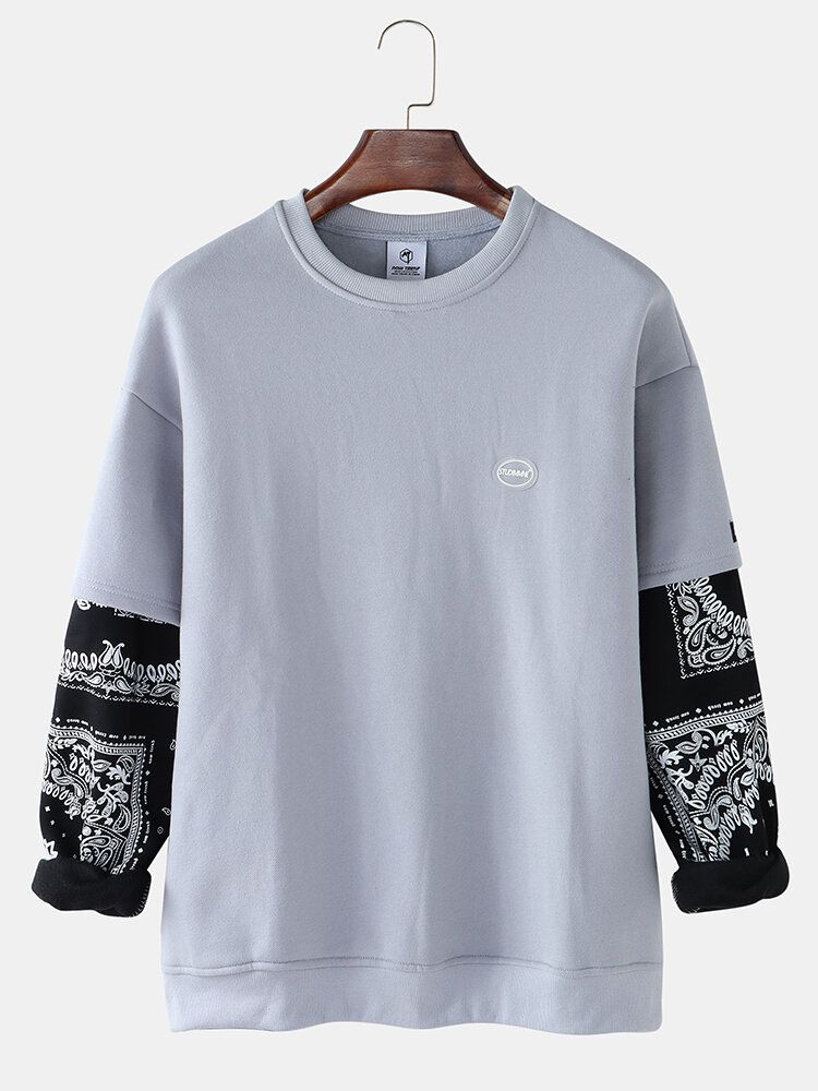 Mens Patchwork Paisley Print Faux Twinset Pullover Drop Shoulder Sweatshirts