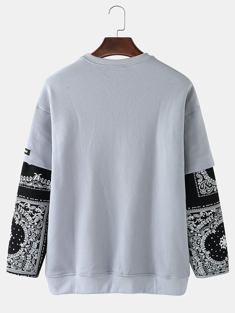 Mens Patchwork Paisley Print Faux Twinset Pullover Drop Shoulder Sweatshirts