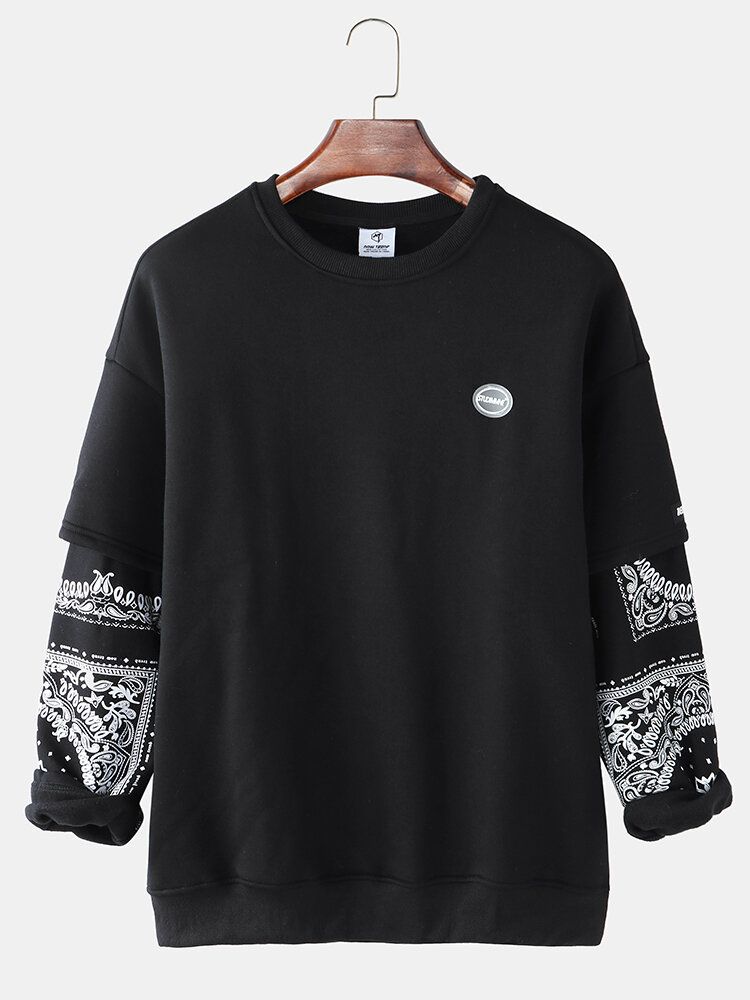 Mens Patchwork Paisley Print Faux Twinset Pullover Drop Shoulder Sweatshirts