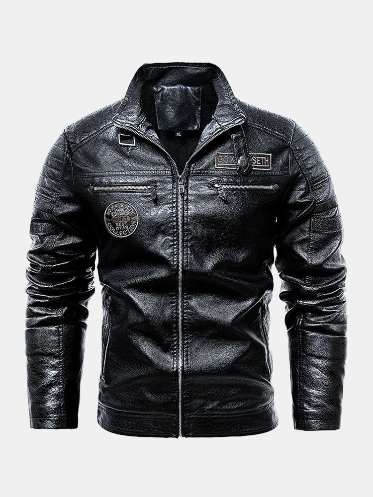 Mens Pattern Patched Letter Print Snap Button Zip Baseball Collar Pu Jacket