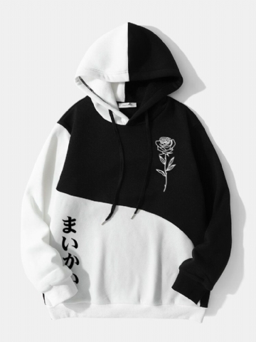 Mens Pattern Rose Japanese Letter Contrast Color Patchwork Hoodies