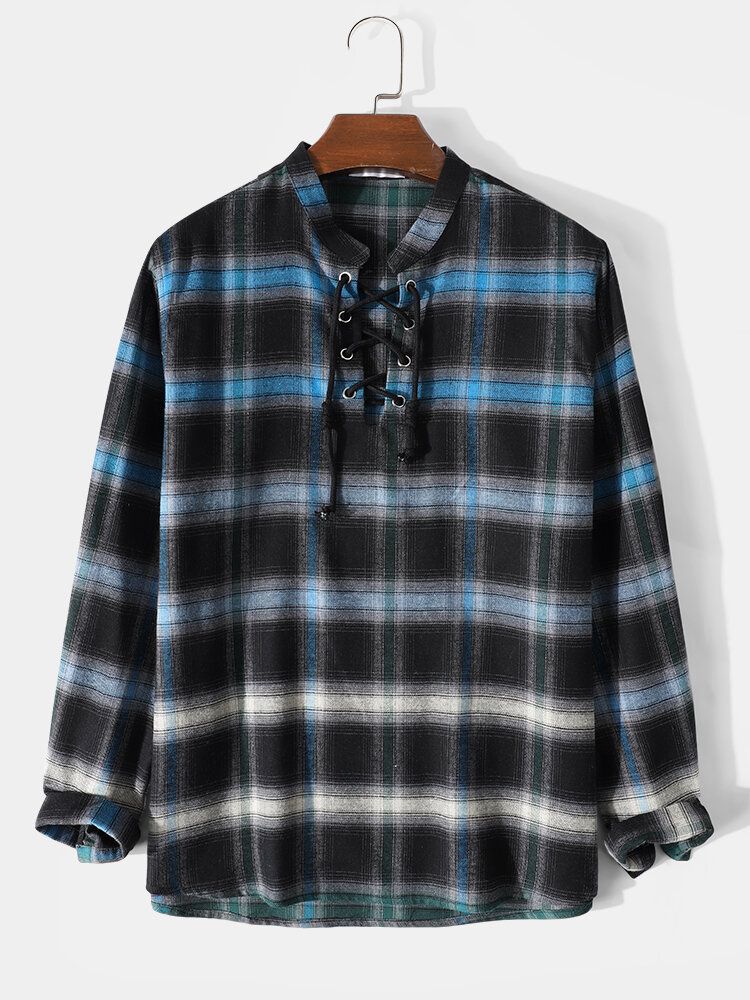 Mens Plaid Ombre Bandage Front Casual Chemises Henley À Manches Longues