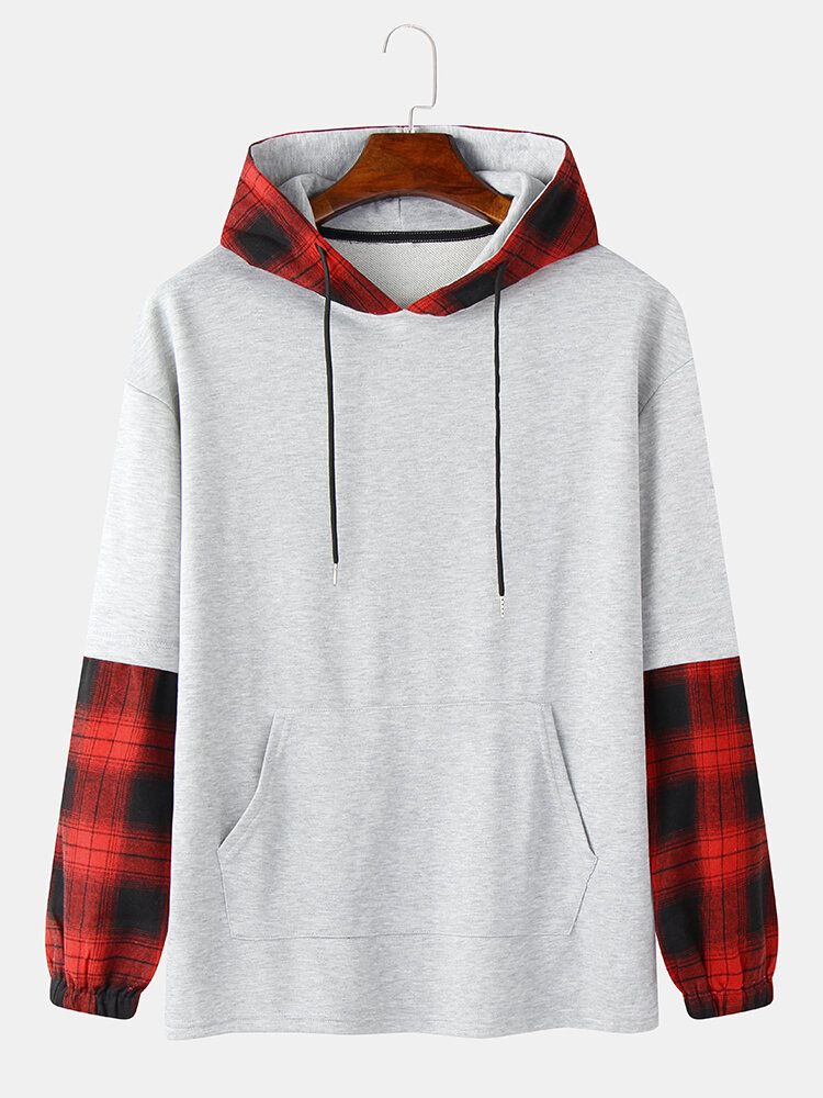 Mens Plaid Patchwork Faux Twinset Drop Shoulder Hoodies Avec Poche