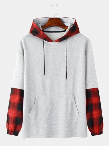 Mens Plaid Patchwork Faux Twinset Drop Shoulder Hoodies Avec Poche