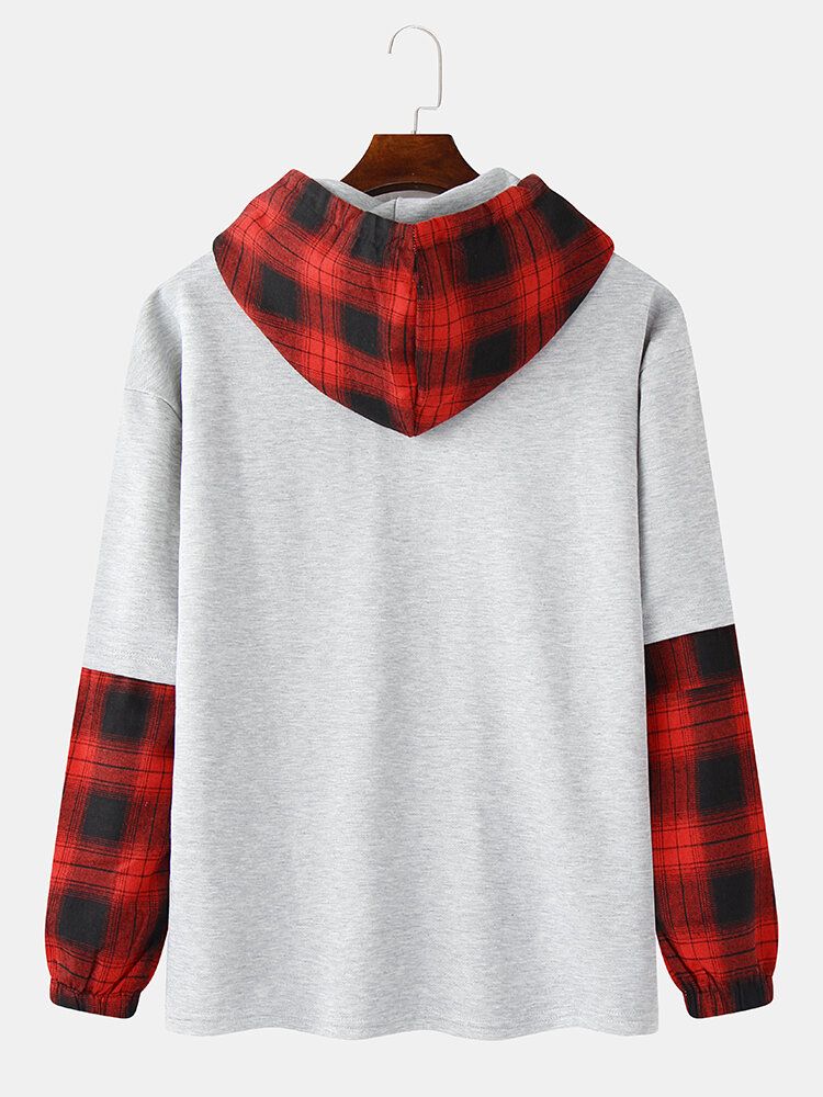 Mens Plaid Patchwork Faux Twinset Drop Shoulder Hoodies Avec Poche