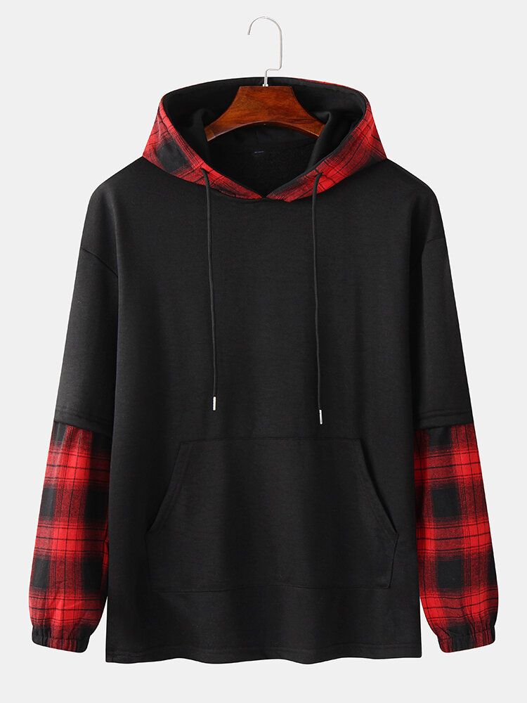 Mens Plaid Patchwork Faux Twinset Drop Shoulder Hoodies Avec Poche