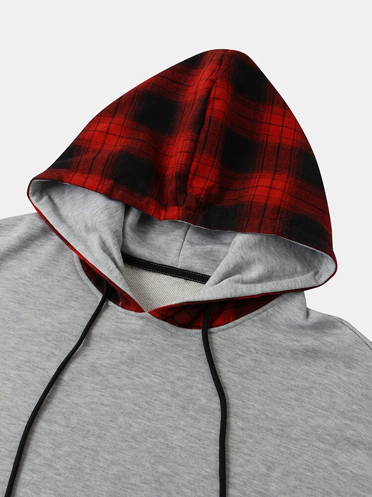 Mens Plaid Patchwork Faux Twinset Drop Shoulder Hoodies Avec Poche