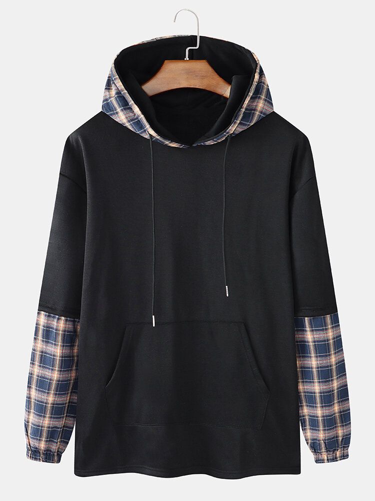 Mens Plaid Patchwork Faux Twinset Noir Hoodies