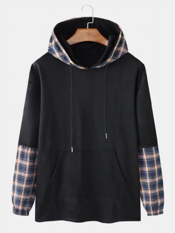 Mens Plaid Patchwork Faux Twinset Noir Hoodies