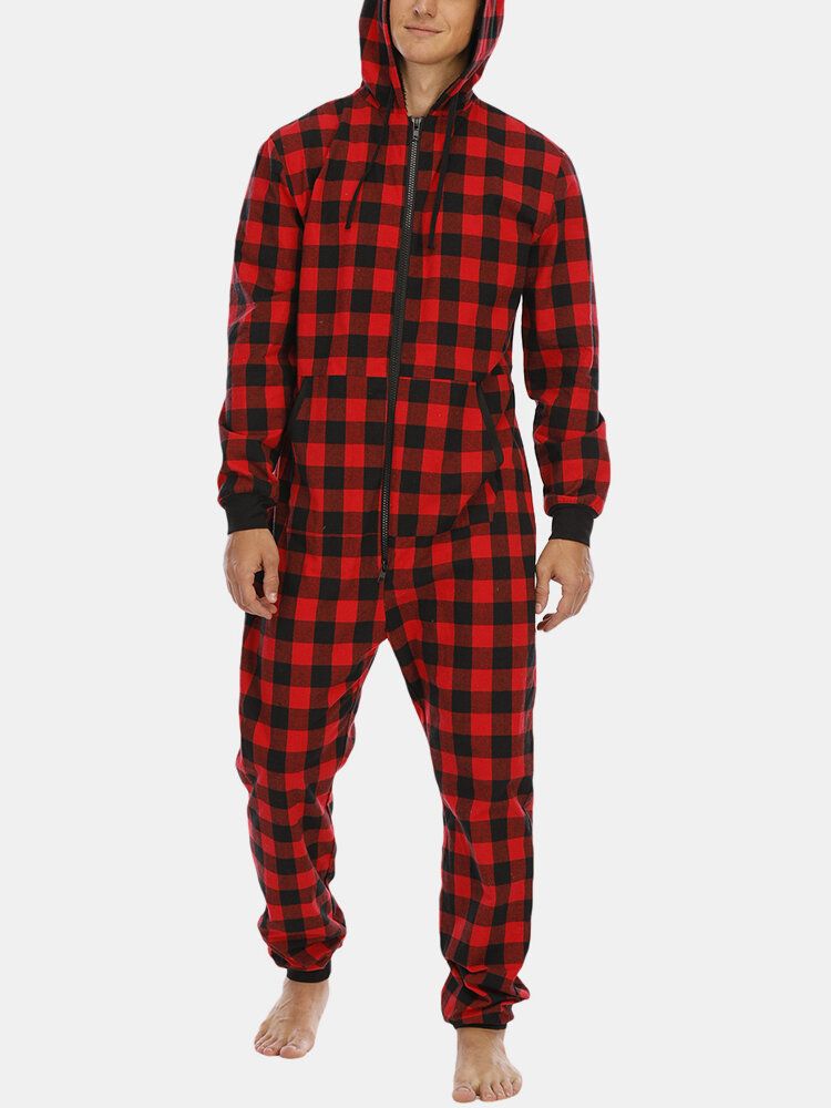 Mens Plaid Zipper Front Kangaroo Pocket Hooded One Piece Jumpsuit Home Warm Sleepwear