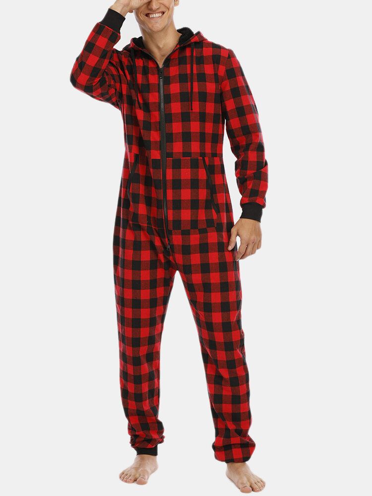 Mens Plaid Zipper Front Kangaroo Pocket Hooded One Piece Jumpsuit Home Warm Sleepwear