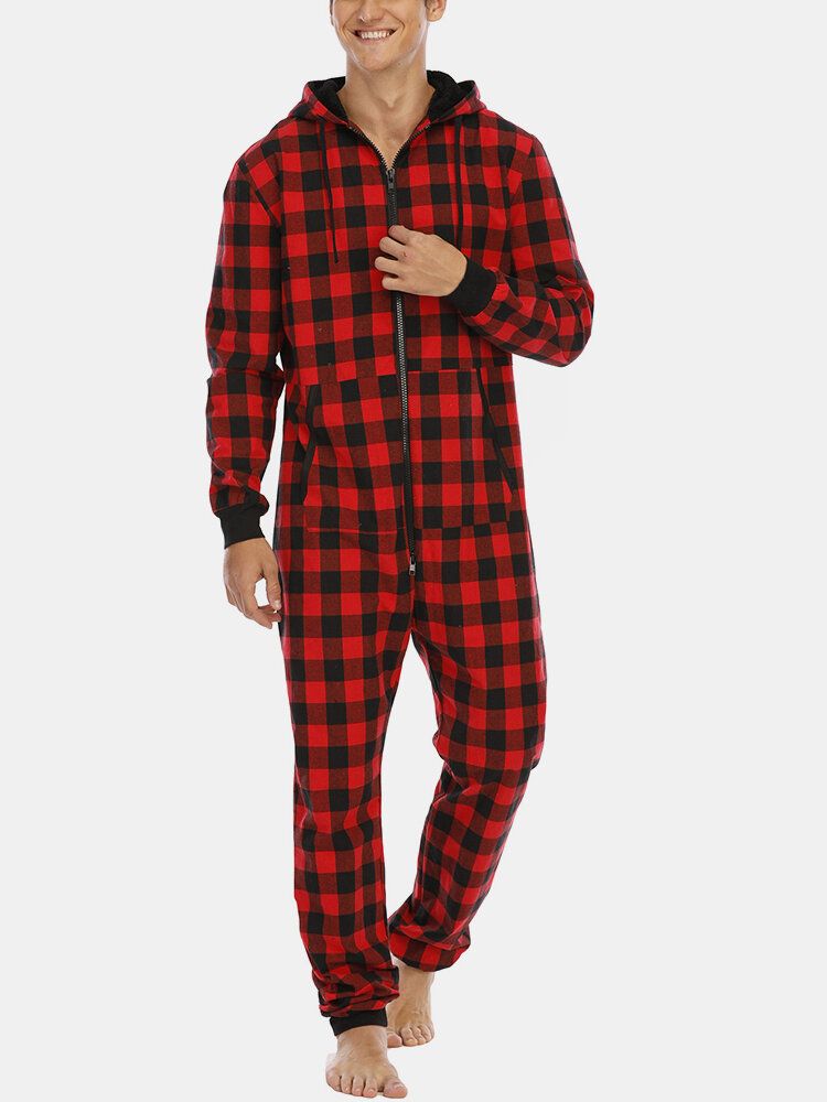 Mens Plaid Zipper Front Kangaroo Pocket Hooded One Piece Jumpsuit Home Warm Sleepwear