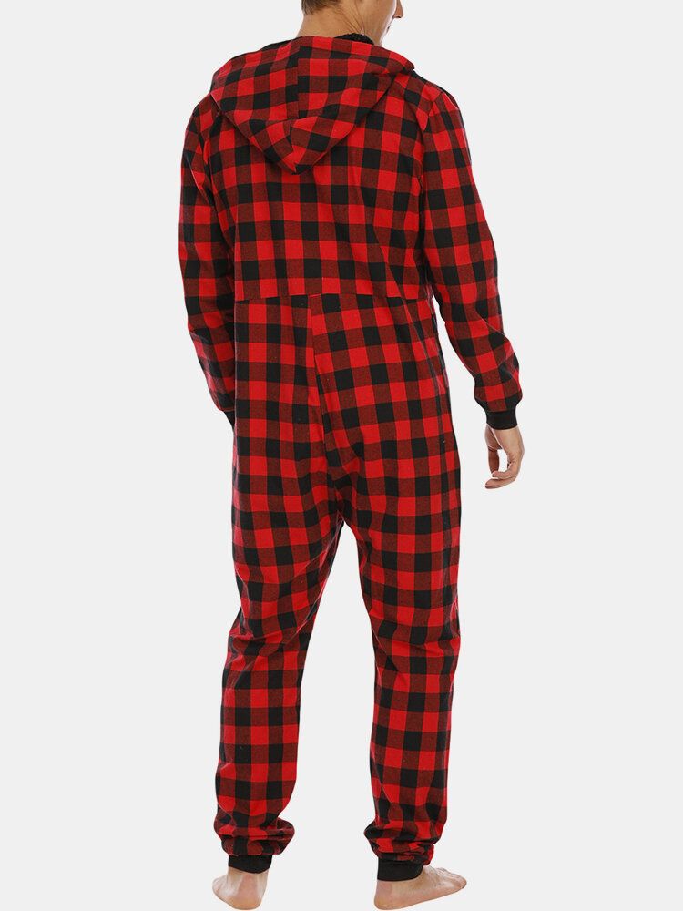 Mens Plaid Zipper Front Kangaroo Pocket Hooded One Piece Jumpsuit Home Warm Sleepwear