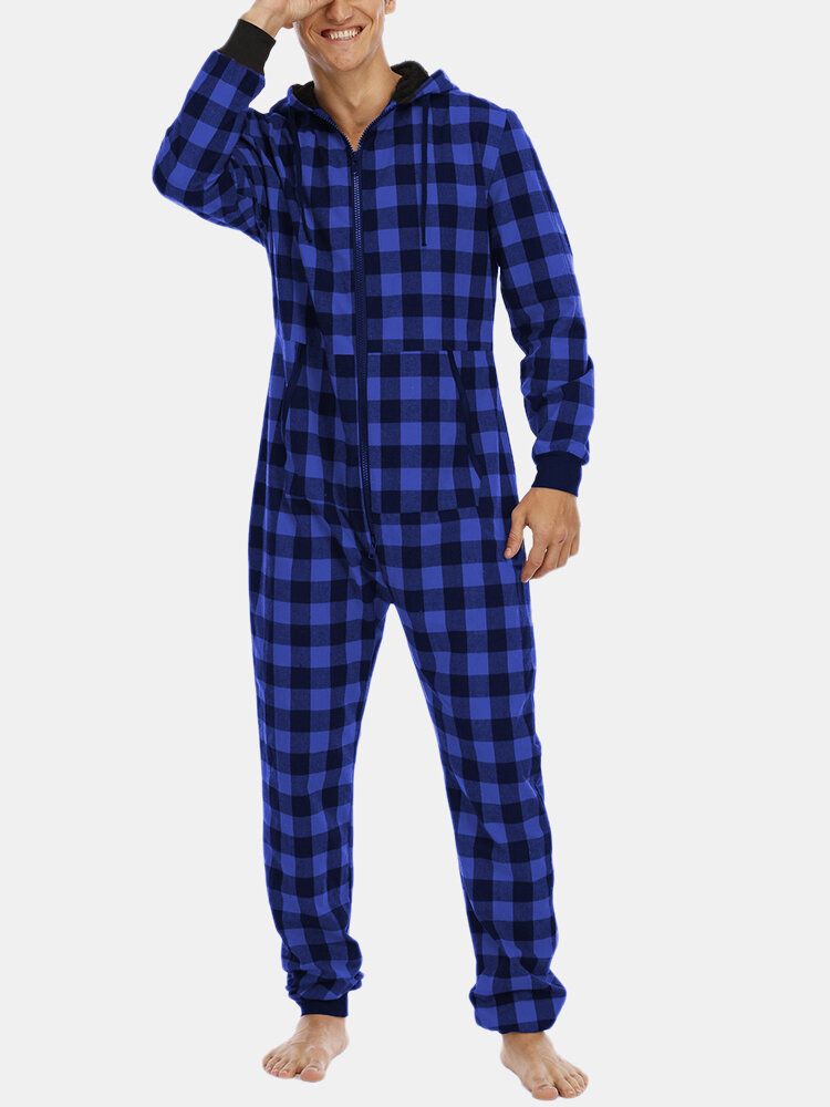 Mens Plaid Zipper Front Kangaroo Pocket Hooded One Piece Jumpsuit Home Warm Sleepwear