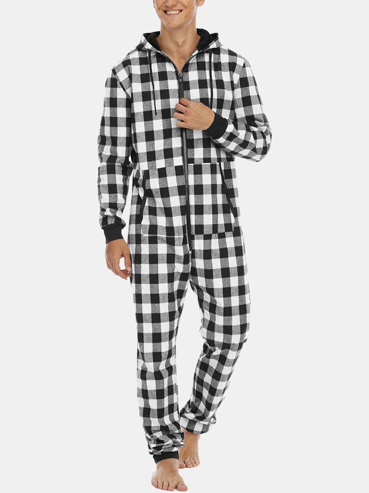 Mens Plaid Zipper Front Kangaroo Pocket Hooded One Piece Jumpsuit Home Warm Sleepwear