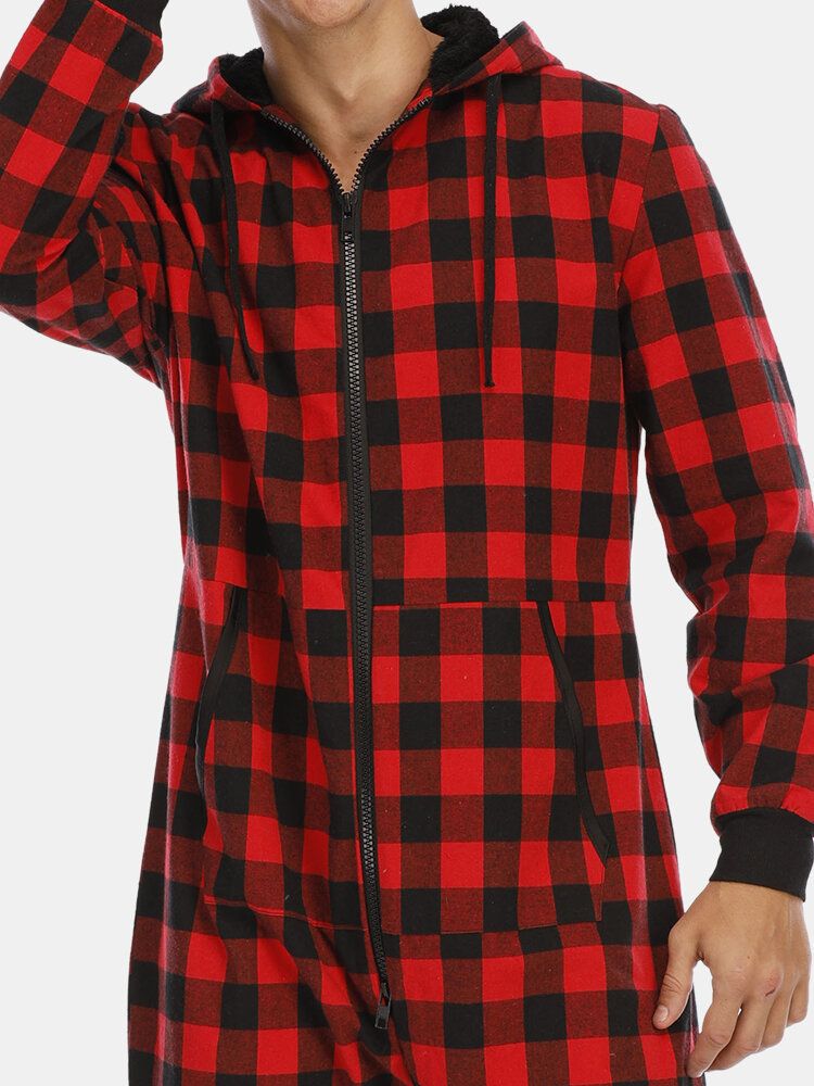 Mens Plaid Zipper Front Kangaroo Pocket Hooded One Piece Jumpsuit Home Warm Sleepwear