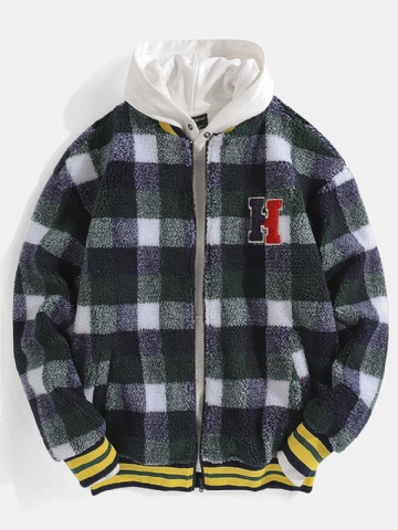 Mens Plush Plaid Letter Applique Patched Baseball Collar Zipper Jacket