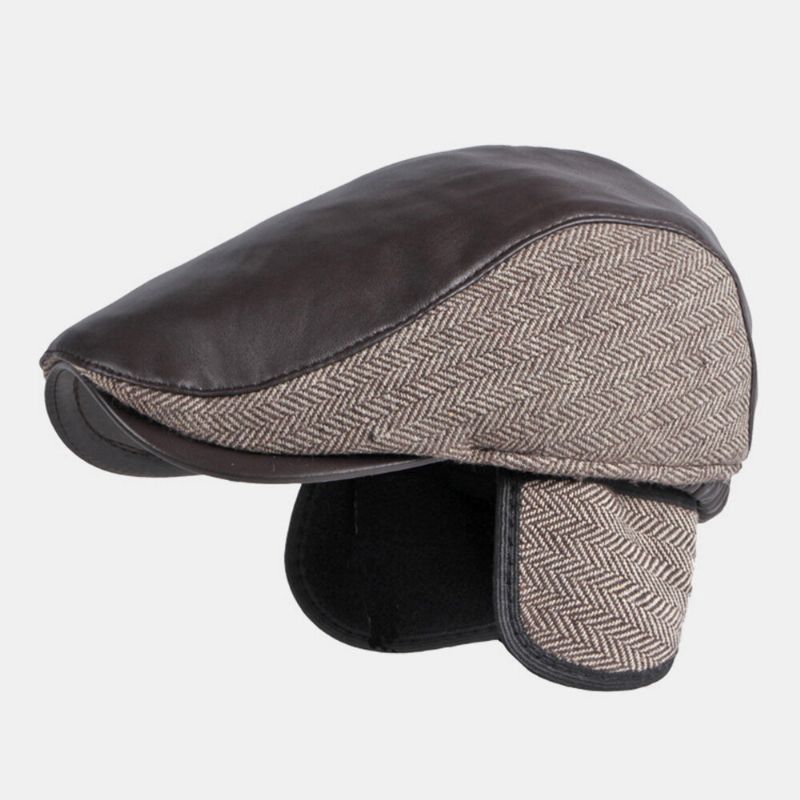 Mens Pu Cuir Couture Oreillettes Protection Des Oreilles Béret Casquette Rétro Extérieur Cool Protection Chaud Avant Chapeau