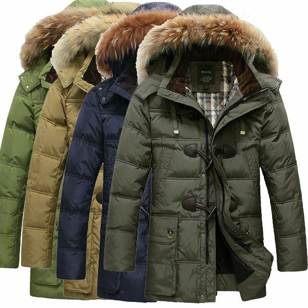 Mens Quality Horn Buckle Hooded Long Down Jacket Coat