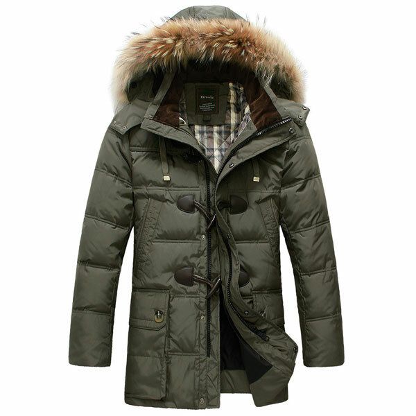 Mens Quality Horn Buckle Hooded Long Down Jacket Coat