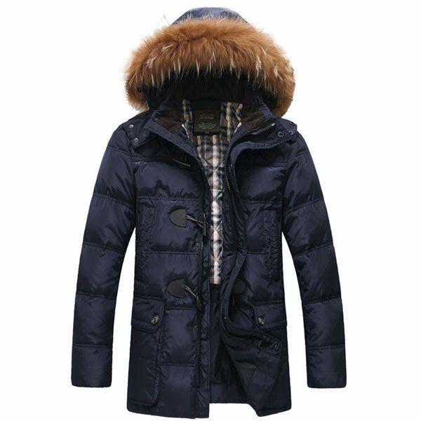 Mens Quality Horn Buckle Hooded Long Down Jacket Coat