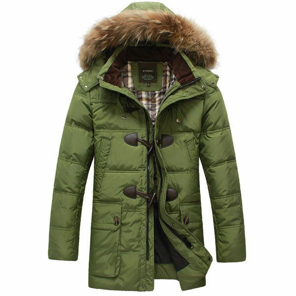 Mens Quality Horn Buckle Hooded Long Down Jacket Coat