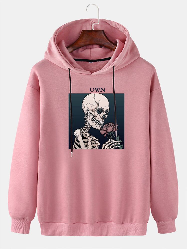 Mens Skeleton Rose Graphic Letter Print Casual Drop Shoulder Drawstring Hoodies