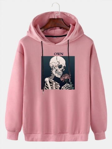 Mens Skeleton Rose Graphic Letter Print Casual Drop Shoulder Drawstring Hoodies