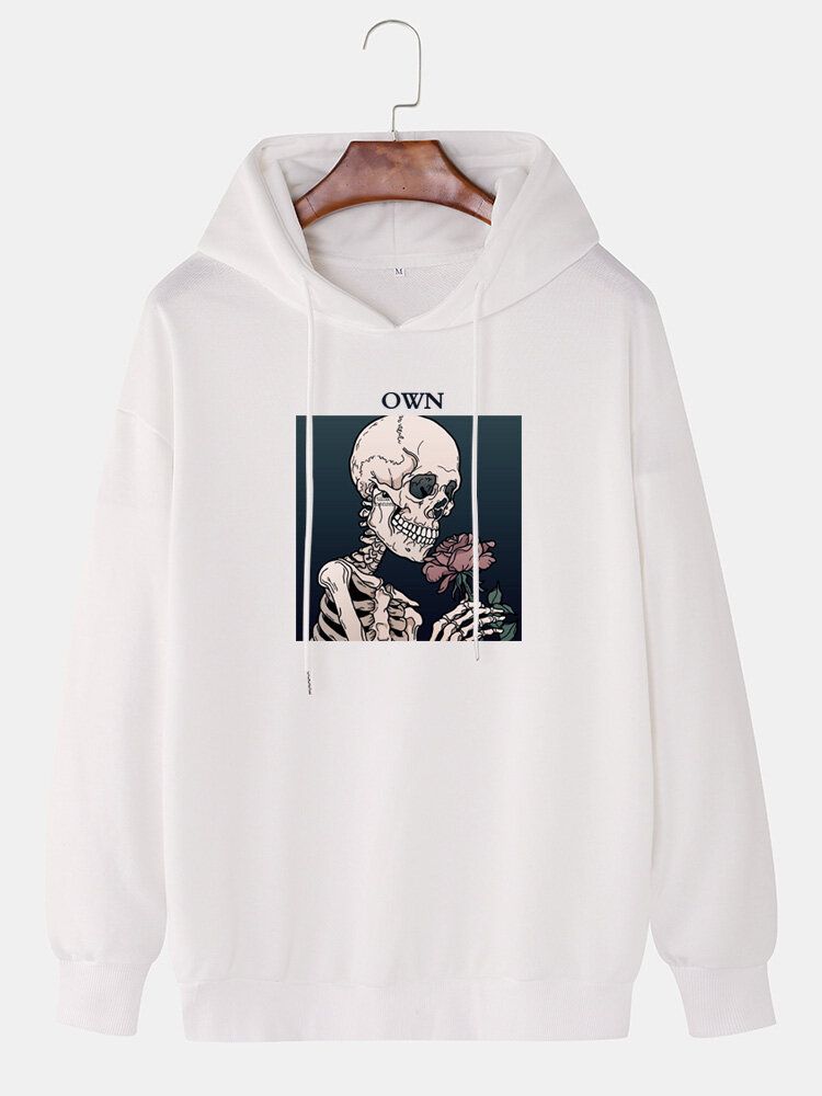 Mens Skeleton Rose Graphic Letter Print Casual Drop Shoulder Drawstring Hoodies