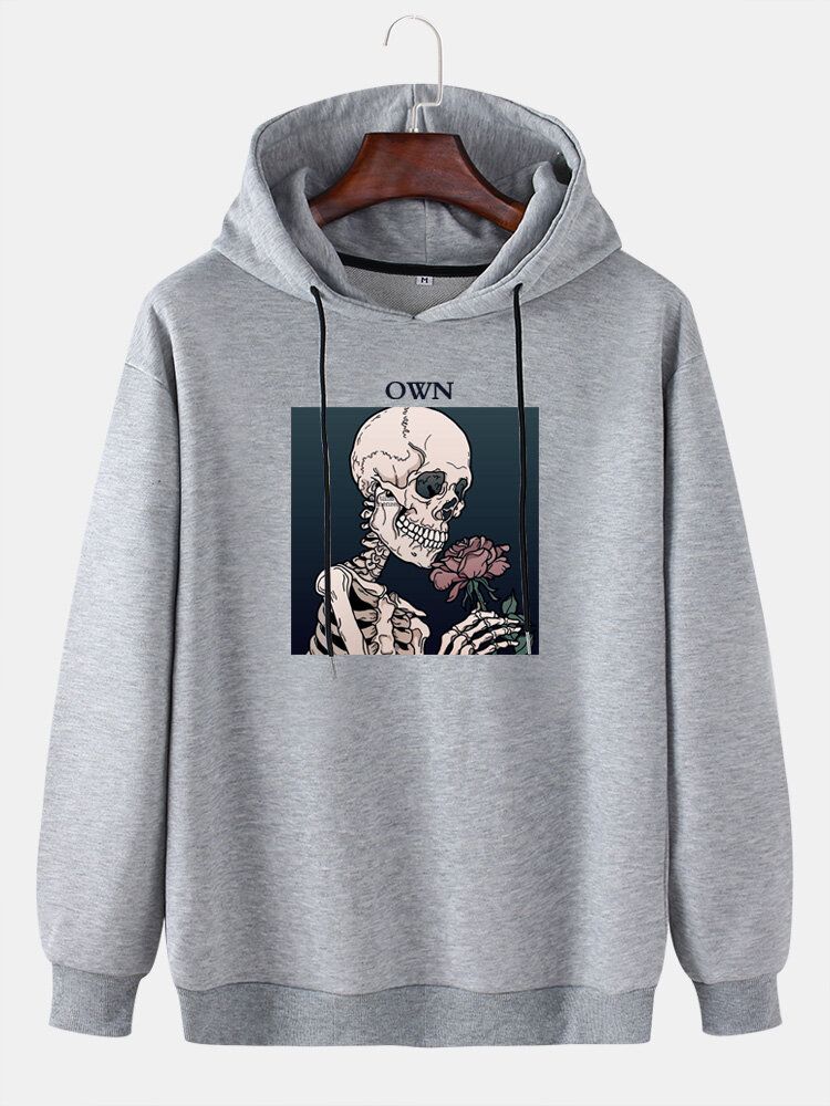 Mens Skeleton Rose Graphic Letter Print Casual Drop Shoulder Drawstring Hoodies