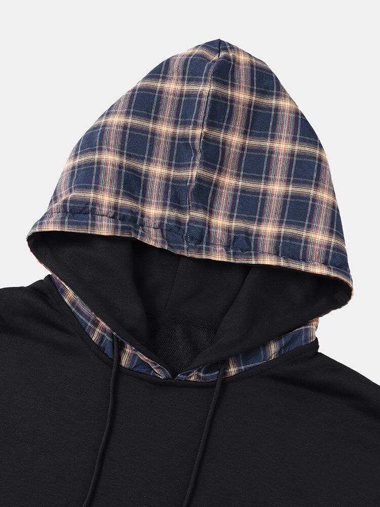 Mens Smile Print Plaid Patchwork Faux Twinset Hoodies