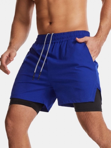 Mens Solid Color Quick Dry Sports Running Casual Stretch Double Layer Board Shorts